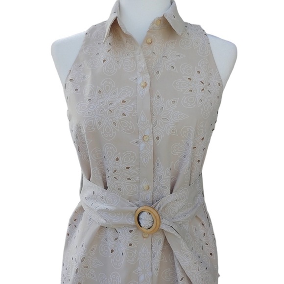 Zara Beige Cutwork Embroidered Sleeveless Belted Cotton Mini Shirt Dress Med NEW - Picture 9 of 12